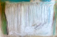 a painting of a waterfall with green and blue colors