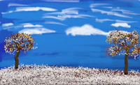 a painting of two trees in a field with a blue sky
