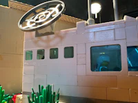 a lego model of a train is on display